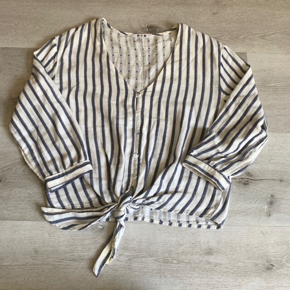 Three Dots Womens Striped Tie Front Button Up Blouse Blue White Small GA4609